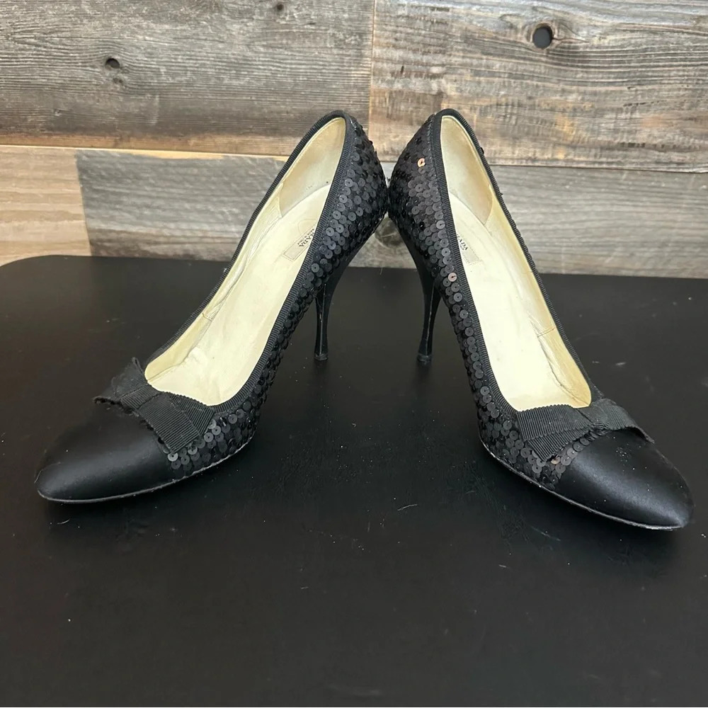 Prada Black Sequins Pumps Women 39 Black Bow Satin Toe & Heel Stiletto Shoes - Picture 7 of 12